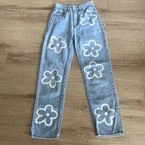 Flower Print Y2K Fashion Wide Leg High Waist Denim Boyfriend Loose Fit Jeans XS